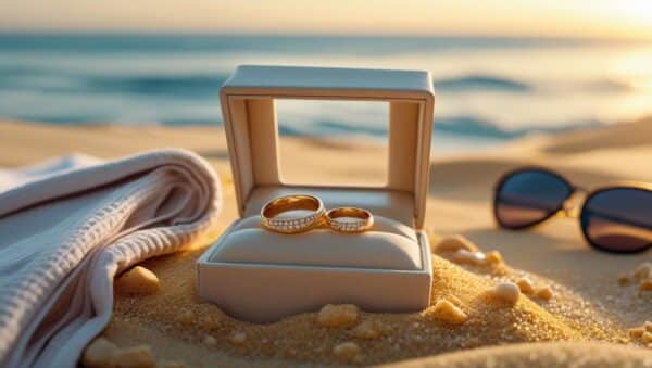 A serene beach setting with soft golden sand and a pair of elegant gold rings resting in a small open jewelry box