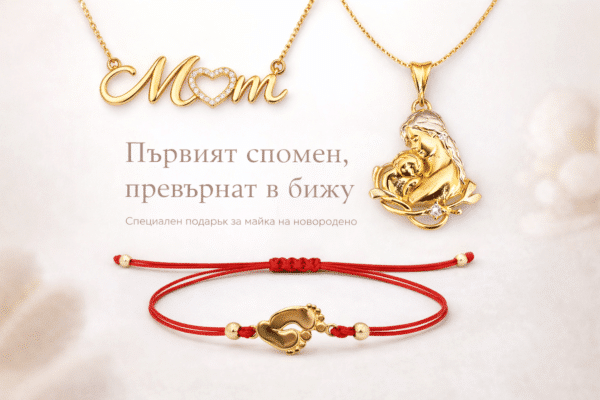 Златни бижута подарък за майка на новородено – колие Mom, медальон майка и бебе, сърце с майка и дете и гривна с бебешки крачета