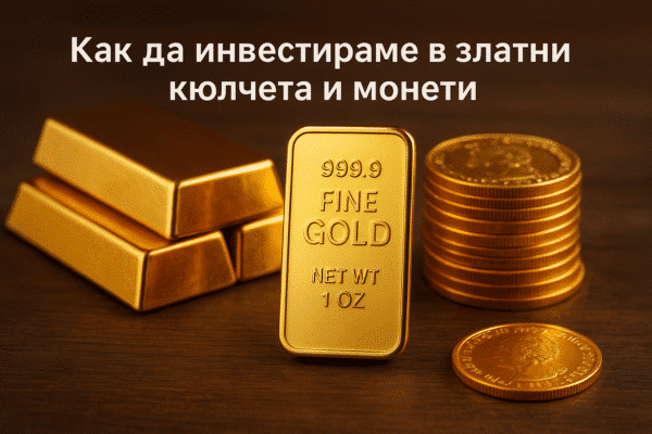 Златни кюлчета и монети, подредени върху тъмен дървен фон, с изразен златист блясък и надпис 999.9 Fine Gold – символ на инвестиционно злато и финансово благосъстояние.